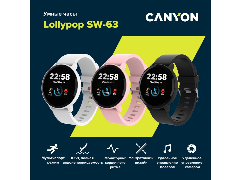 Умные часы CANYON Lollypop SW-63, IP 68, BT 5.0, сенсорный дисплей 1.3, розовый - фото 8 - id-p215153127