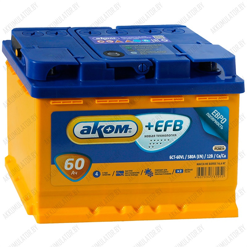 Аккумулятор AKOM +EFB / 60Ah / 600А / Прямая полярность - фото 1 - id-p121280748