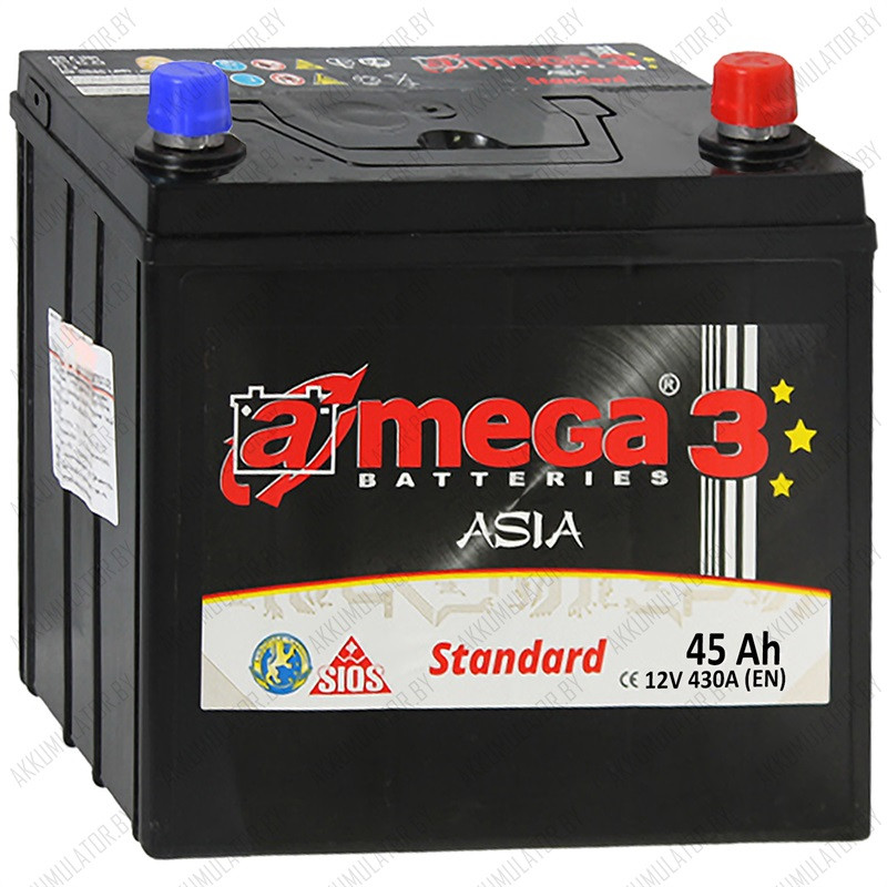 Аккумулятор A-Mega Standard Asia JR / 45Ah / 430А / Обратная полярность / 238 x 127 x 200 (220)