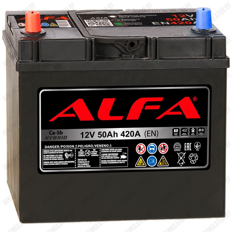 Аккумулятор Alfa Hybrid Asia / 50Ah / 420А / Asia / Прямая полярность - фото 1 - id-p194865187
