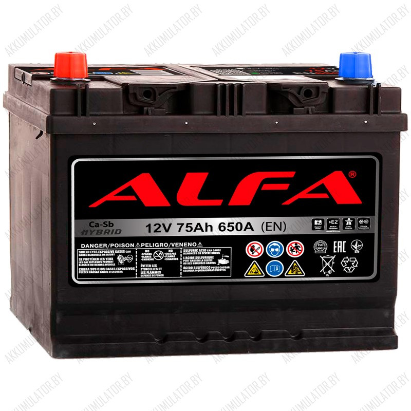 Аккумулятор Alfa Hybrid Asia / 75Ah / 650А / Asia / Прямая полярность - фото 1 - id-p194865191