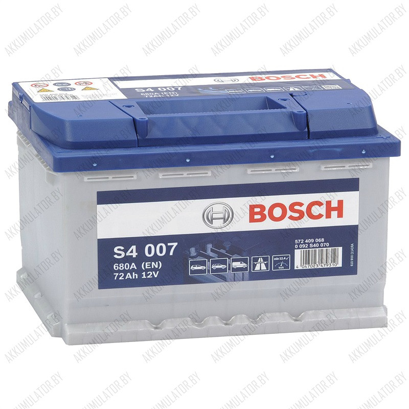Аккумулятор Bosch S4 007 / [572 409 068] / Низкий / 72Ah / 680А / Обратная полярность / 278 x 175 x 175