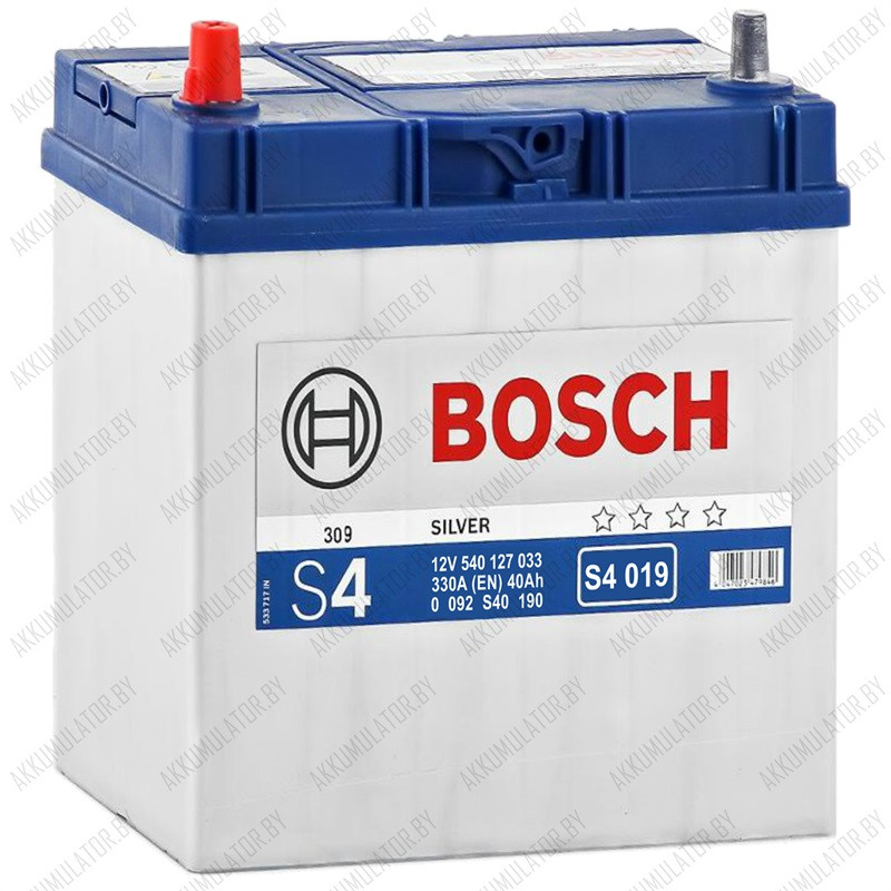 Аккумулятор Bosch S4 019 / [540 127 033] / Тонкие клеммы / 40Ah JIS / 330А / Asia / Прямая полярность - фото 1 - id-p75048458