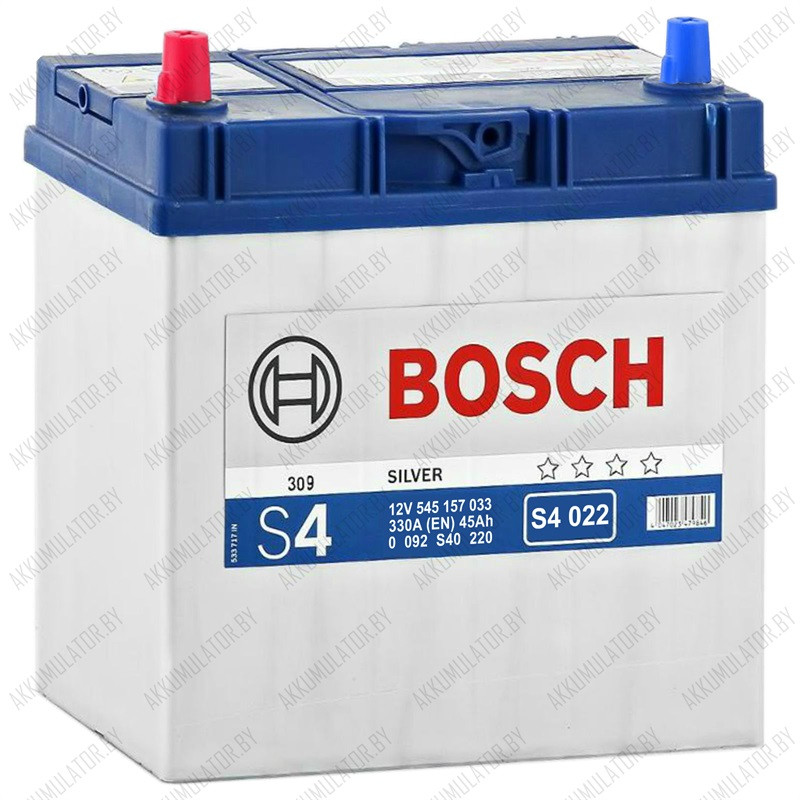 Аккумулятор Bosch S4 022 / [545 157 033] / Тонкие клеммы / 45Ah JIS / 330А / Asia / Прямая полярность - фото 1 - id-p75048461