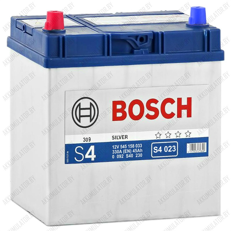 Аккумулятор Bosch S4 023 / [545 158 033] / 45Ah JIS / 330А / Asia / Прямая полярность - фото 1 - id-p75048462