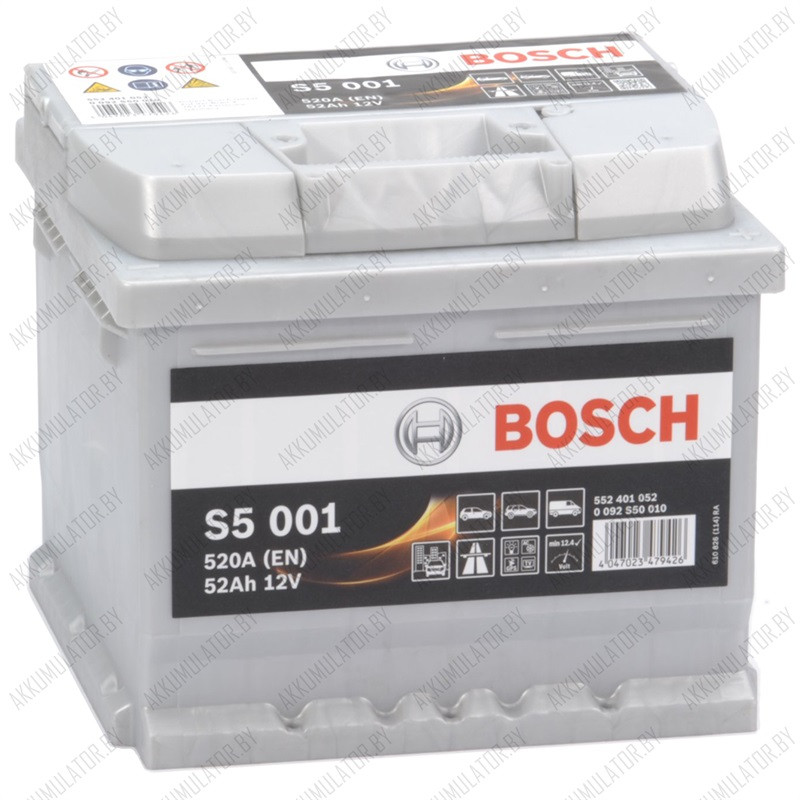 Аккумулятор Bosch S5 001 / [552 401 052] / Низкий / 52Ah / 520А / Обратная полярность / 207 x 175 x 175