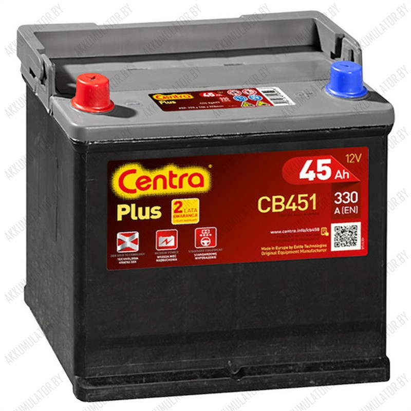 Аккумулятор Centra Plus CB451 / 45Ah / 330А / Asia / Прямая полярность / 238 x 127 x 200 (220)