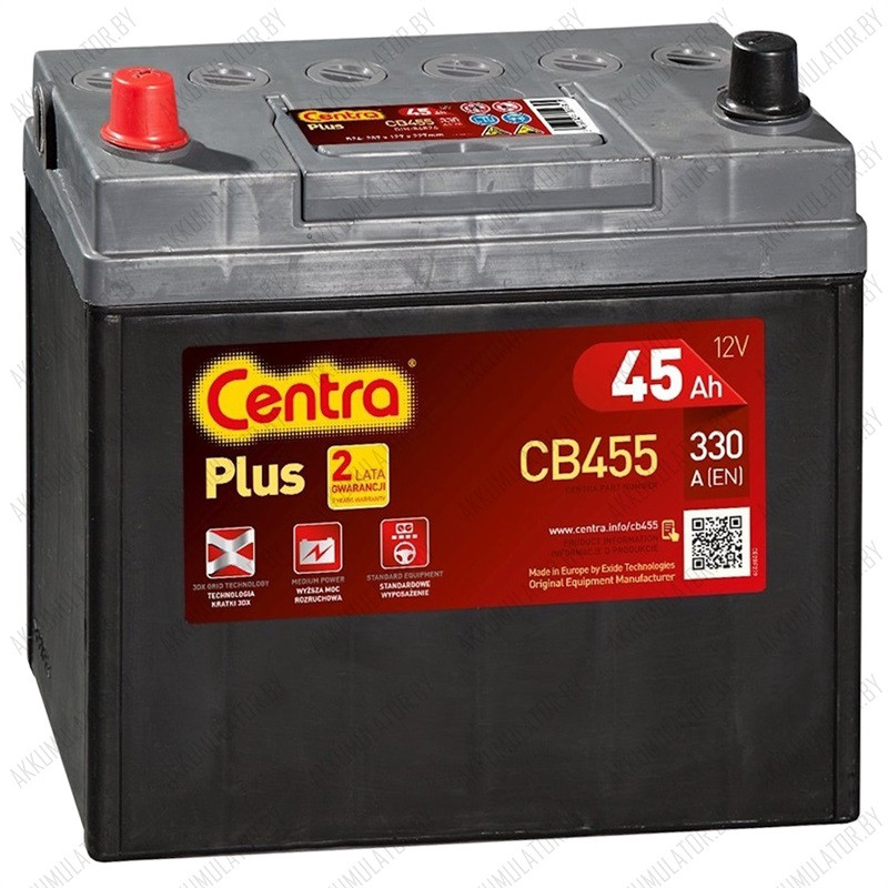 Аккумулятор Centra Plus CB455 / 45Ah / 330А / Asia / Прямая полярность - фото 1 - id-p75048528