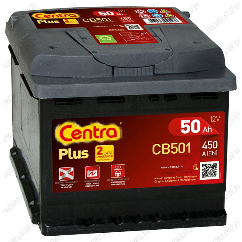 Аккумулятор Centra Plus CB501 / 50Ah / 450А / Прямая полярность - фото 1 - id-p75048532