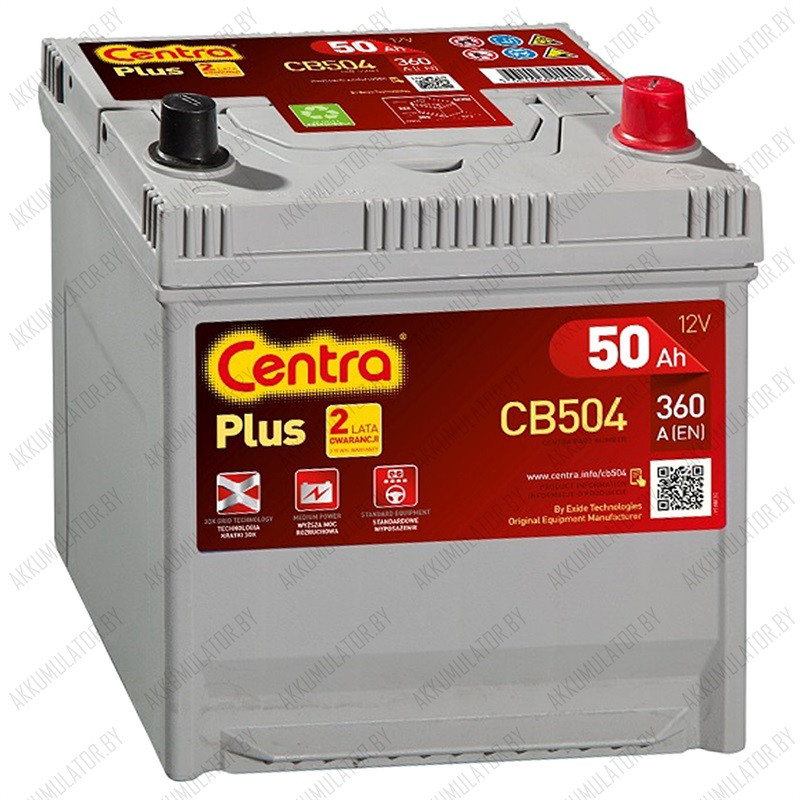 Аккумулятор Centra Plus CB504 / 50Ah / 360А / Asia / Обратная полярность / 207 x 173 x 200 (220)