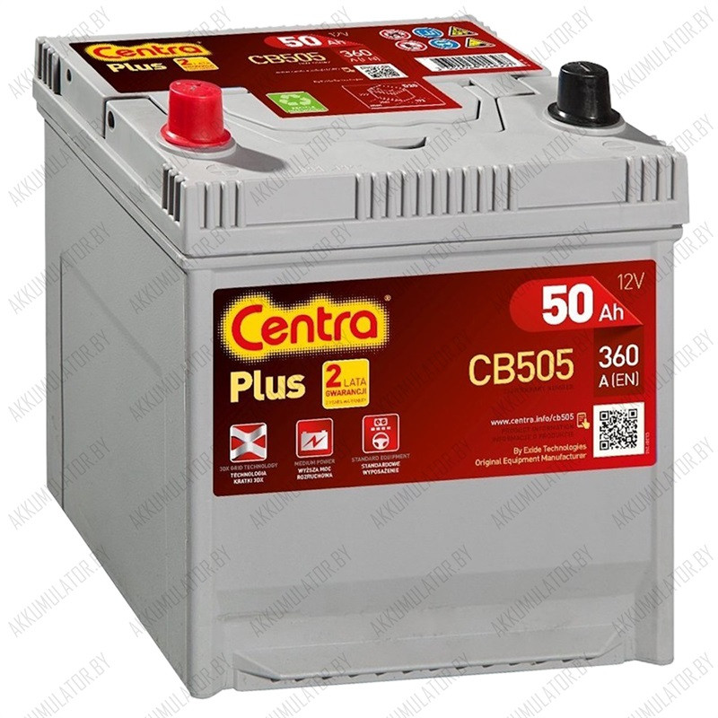 Аккумулятор Centra Plus CB505 / 50Ah / 360А / Asia / Прямая полярность - фото 1 - id-p75048534