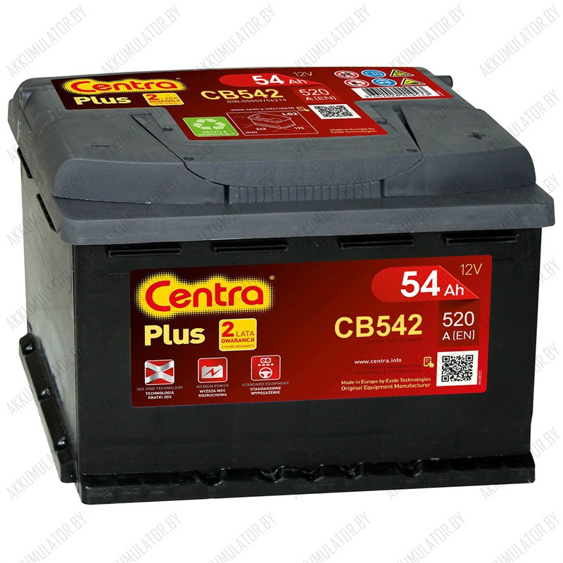 Аккумулятор Centra Plus CB542 / Низкий / 54Ah / 520А / Обратная полярность / 242 x 175 x 175