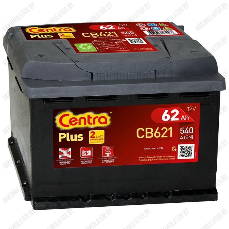 Аккумулятор Centra Plus CB621 / 62Ah / 540А / Прямая полярность / 242 x 175 x 190