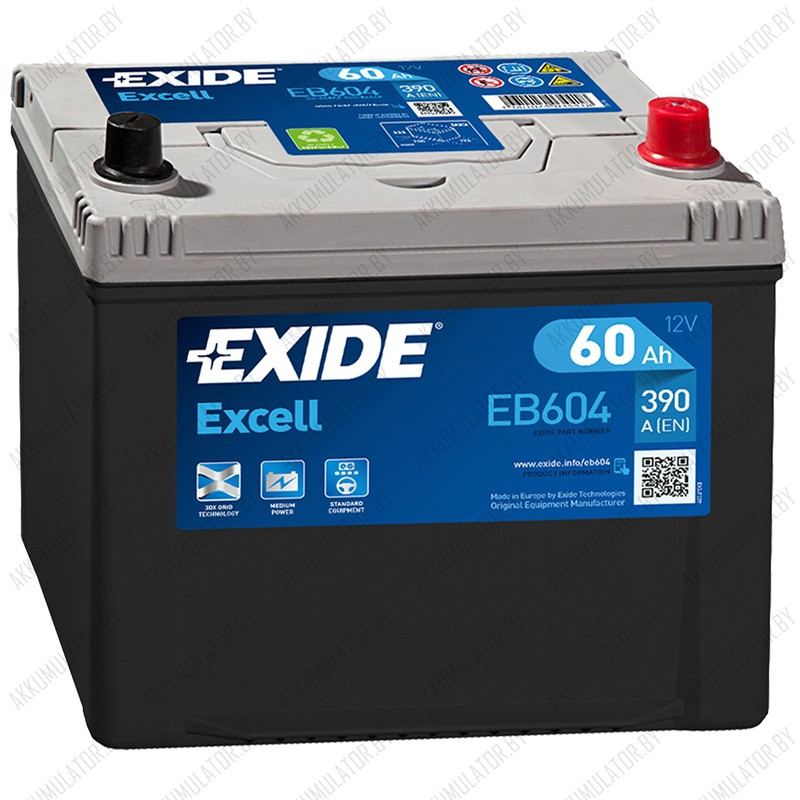 Аккумулятор Exide Excell EB604 / 60Ah / 390А / Asia / Обратная полярность / 232 x 173 x 200 (220)