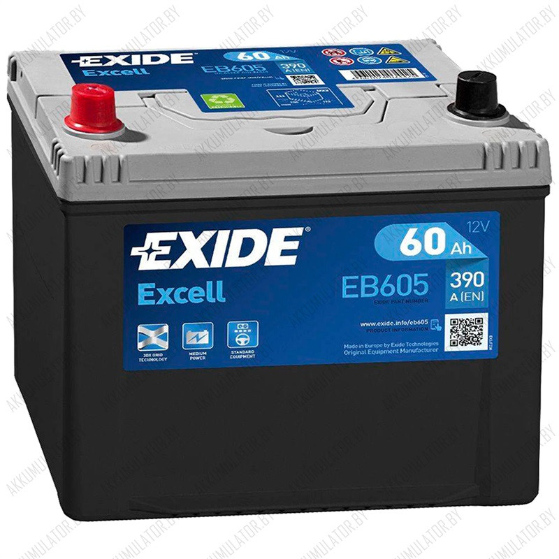 Аккумулятор Exide Excell EB605 / 60Ah / 390А / Asia / Прямая полярность