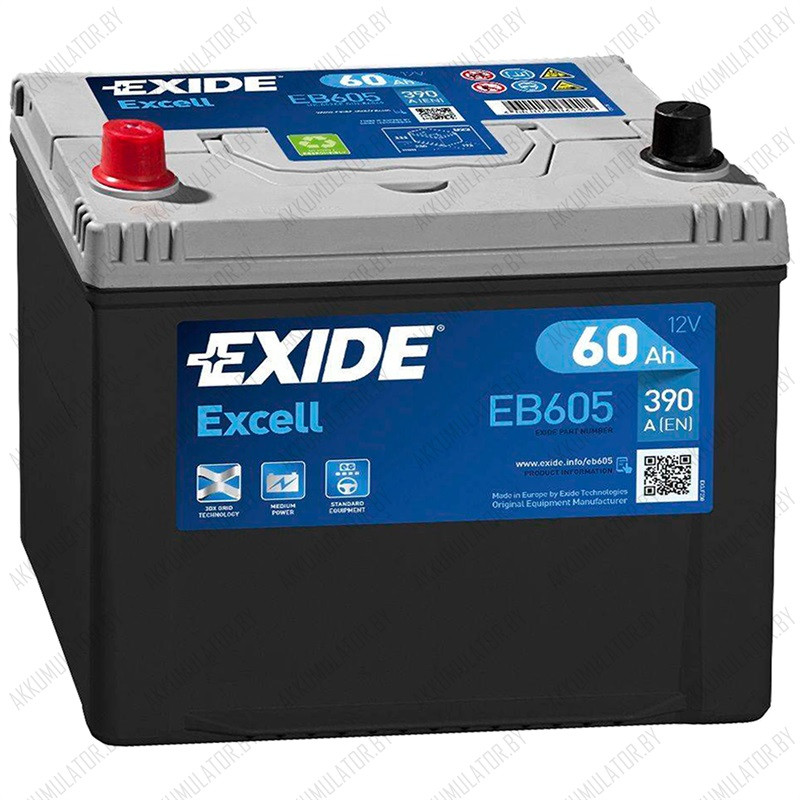 Аккумулятор Exide Excell EB605 / 60Ah / 390А / Asia / Прямая полярность - фото 1 - id-p75048722