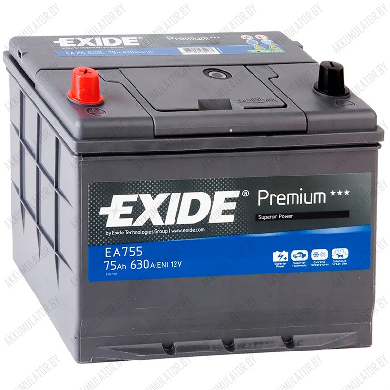 Аккумулятор Exide Premium EA755 / 75Ah / 630А / Asia / Прямая полярность - фото 1 - id-p75048771