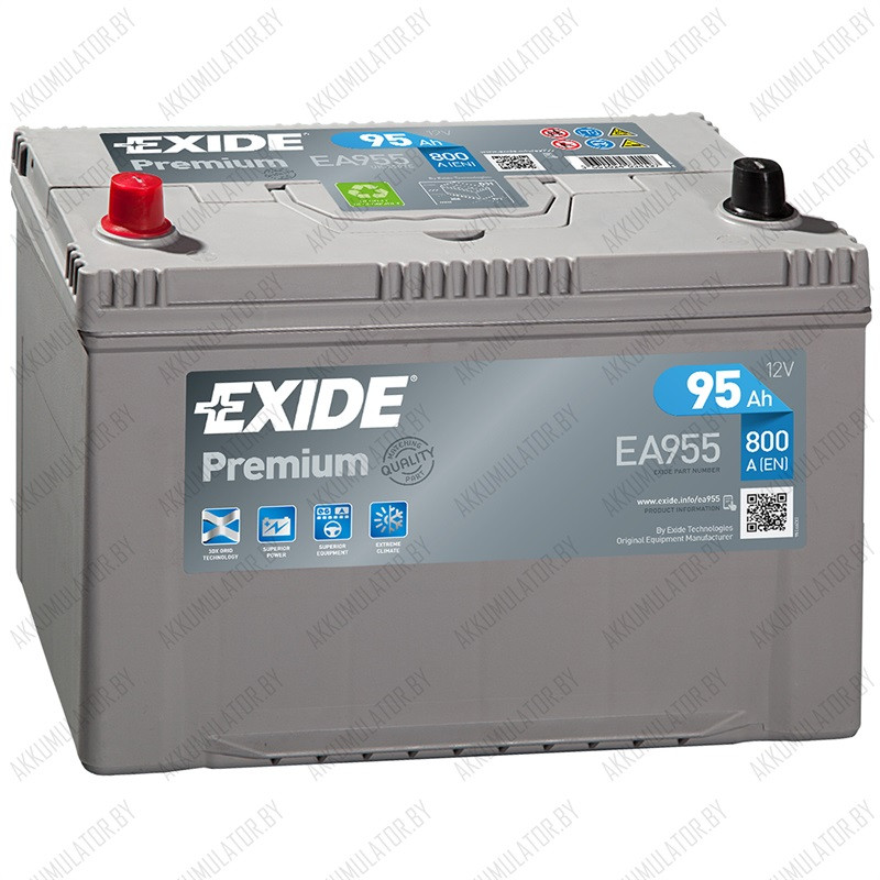 Аккумулятор Exide Premium EA955 / 95Ah / 800А / Asia / Прямая полярность / 306 x 173 x 200 (220)