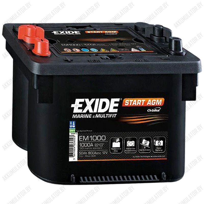 Аккумулятор Exide Start AGM EM1000 / 50Ah / 800А / Обратная полярность / 260 x 173 x 206