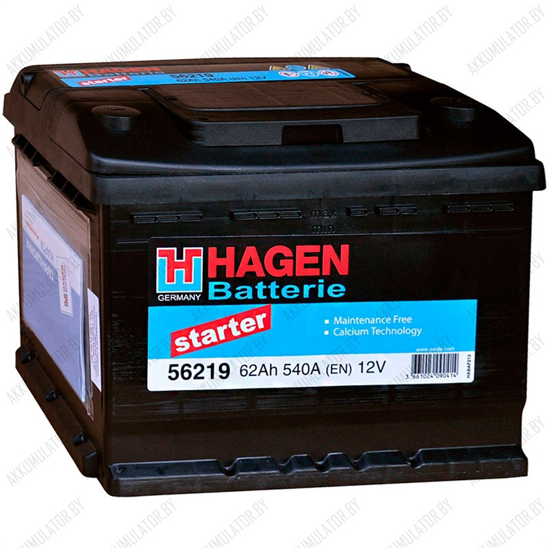 Аккумулятор Hagen Starter 56219 / 62Ah / 540А / Обратная полярность / 242 x 175 x 190