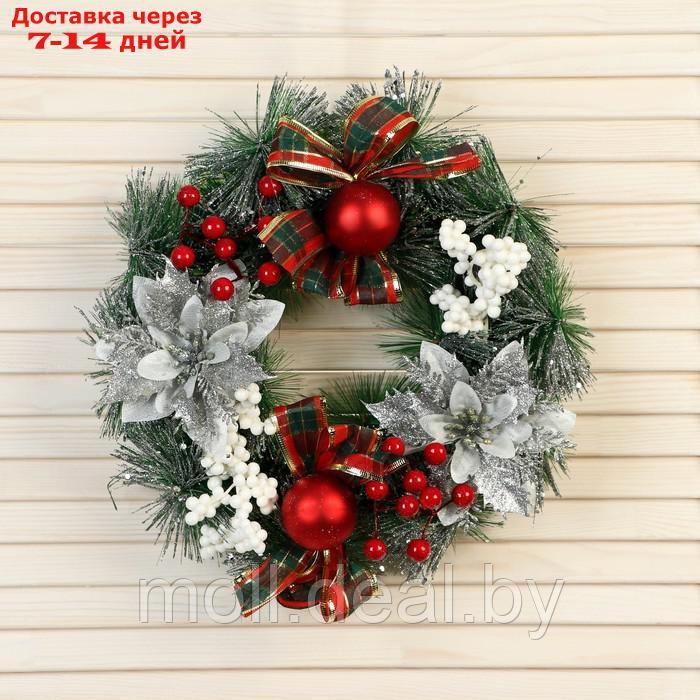 Венок новогодний d- 26 см "Уютная сказка" цветы бантики в клетку - фото 1 - id-p215260063