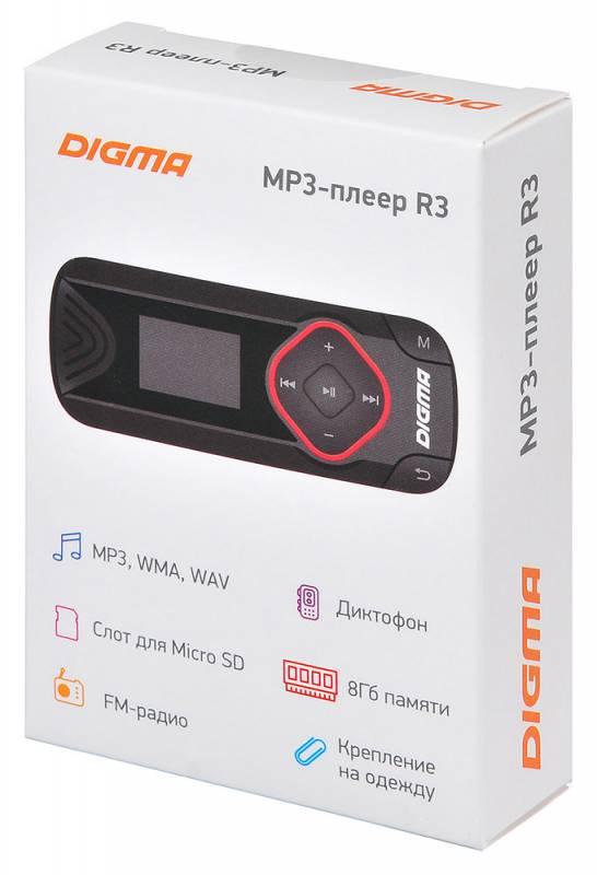 MP3 плеер - Digma R3 8GB, экран 0.8", FM радио, microSD, прищепка, чёрный - фото 9 - id-p215273631