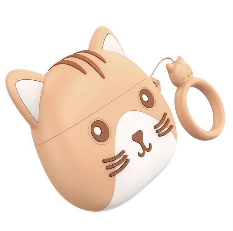 Беспроводные вставные наушники - Hoco EW46, TWS, Bluetooth, кейс + чехол (котик с ушками), коричневые