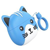 Внутриканальные наушники - Hoco EW46, TWS, Bluetooth, кейс + чехол (котик с ушками), голубые