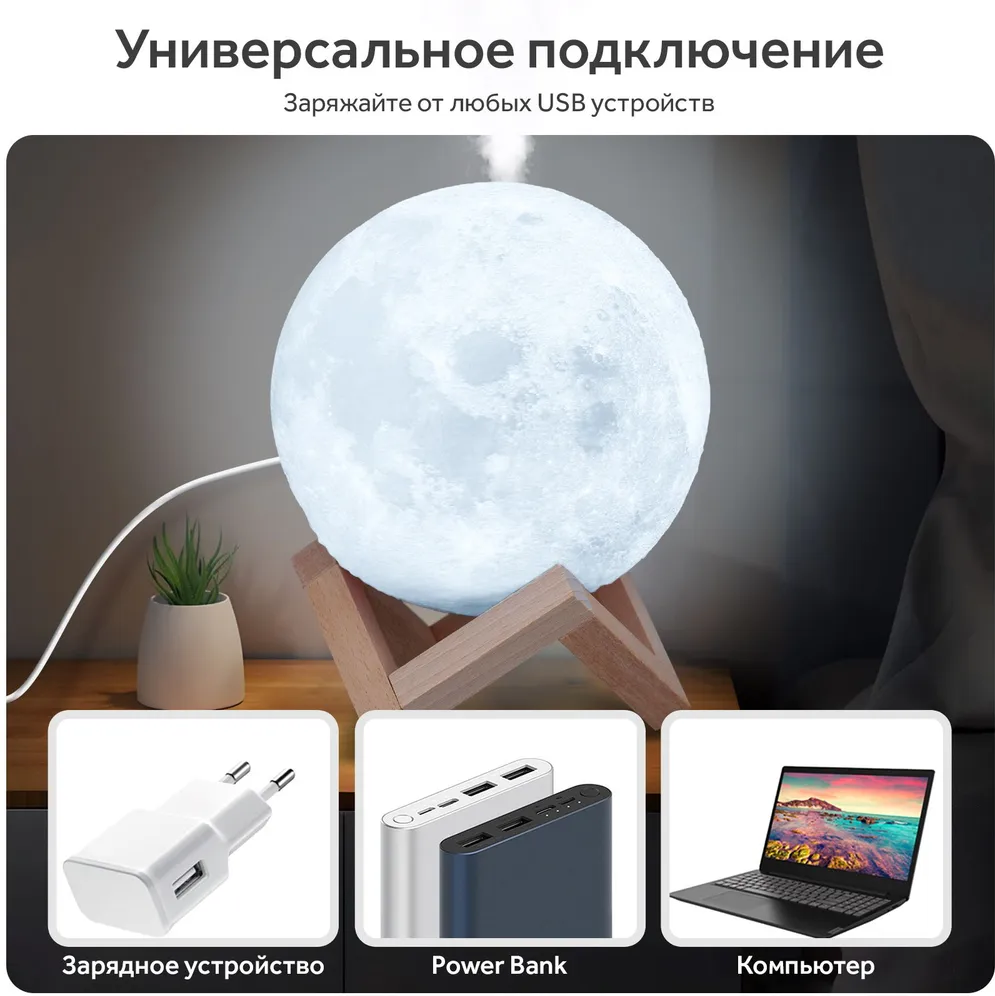 Увлажнитель (аромадиффузор) воздуха USB MOON LAMP Humidifier 3D с функцией ночника 880 ml - фото 4 - id-p215279339