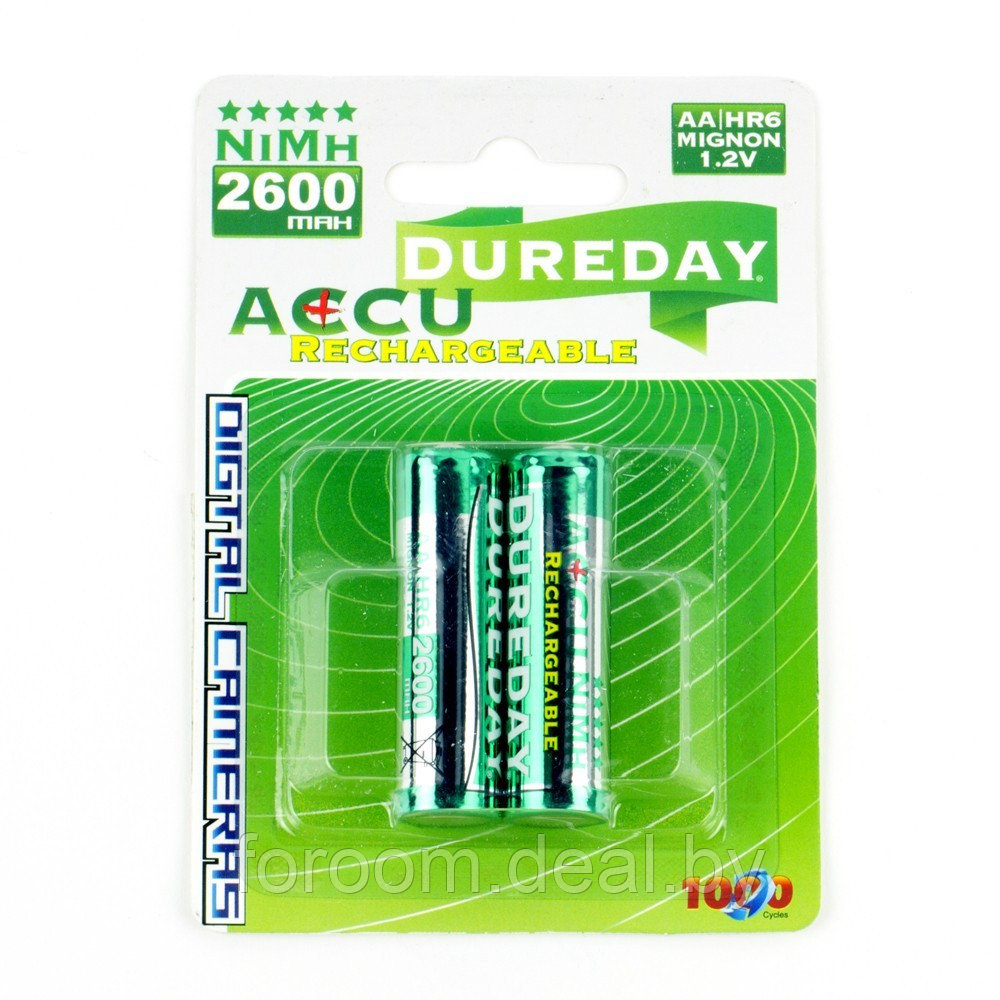 Комплект аккумуляторов HR6 AA 2600 мА-ч (2 шт.) DUREDAY Accu Rechargeable HR6-2B-2600 - фото 1 - id-p215279599