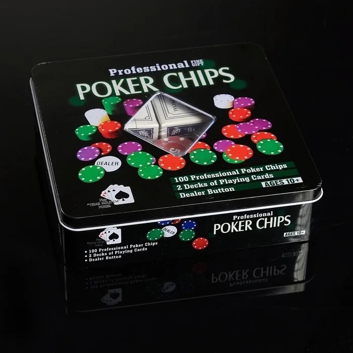 Набор для покера 100 фишек с номиналом квадратная коробка, 2 колоды карт, фишка диллера - фото 5 - id-p215309058