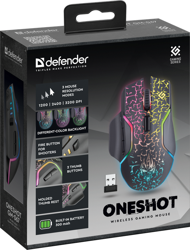 Беспроводная игровая мышь - Defender Oneshot GM-067, 7 кнопок, подсветка, аккумулятор 300mAh, 3200dpi, чёрная - фото 9 - id-p215321183