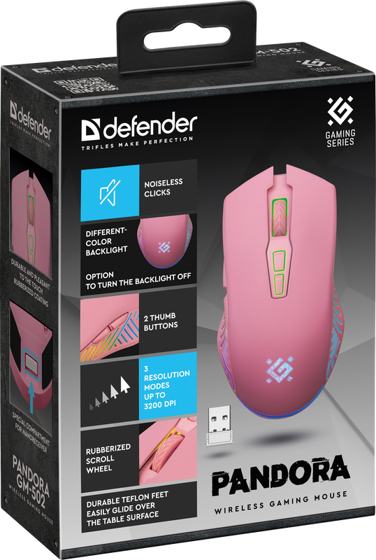Беспроводная игровая мышь - Defender Pandora GM-502, 7 кнопок, подсветка, аккумулятор 500mAh, 3200dpi, розовая - фото 4 - id-p215322029