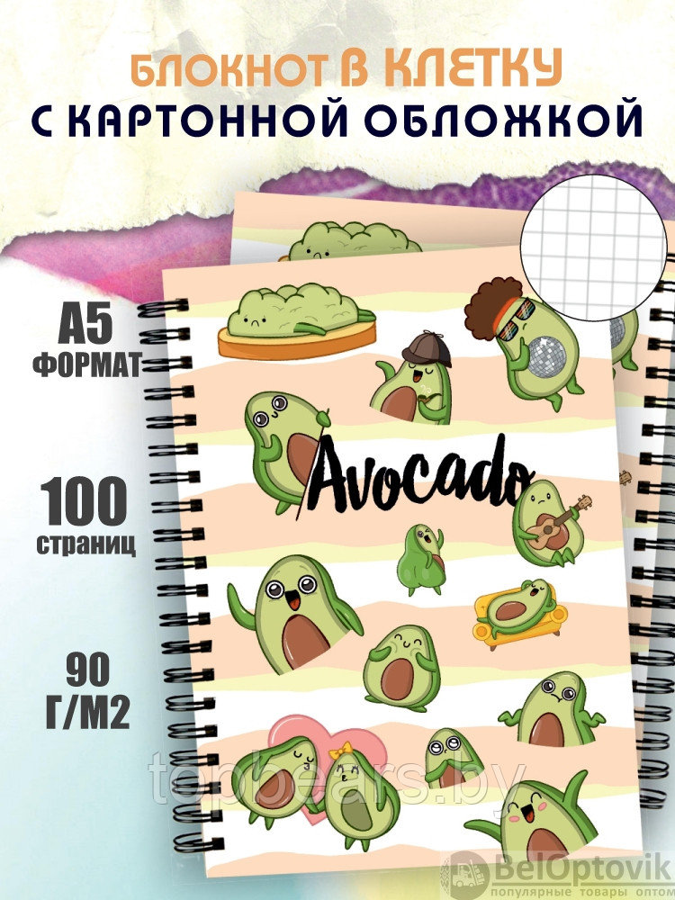 Блокнот для записей "Авокадо" в клетку с картонной обложкой (А5, спираль, 50 листов, 90гр/м2), дизайн "Эмоции" - фото 1 - id-p215331386