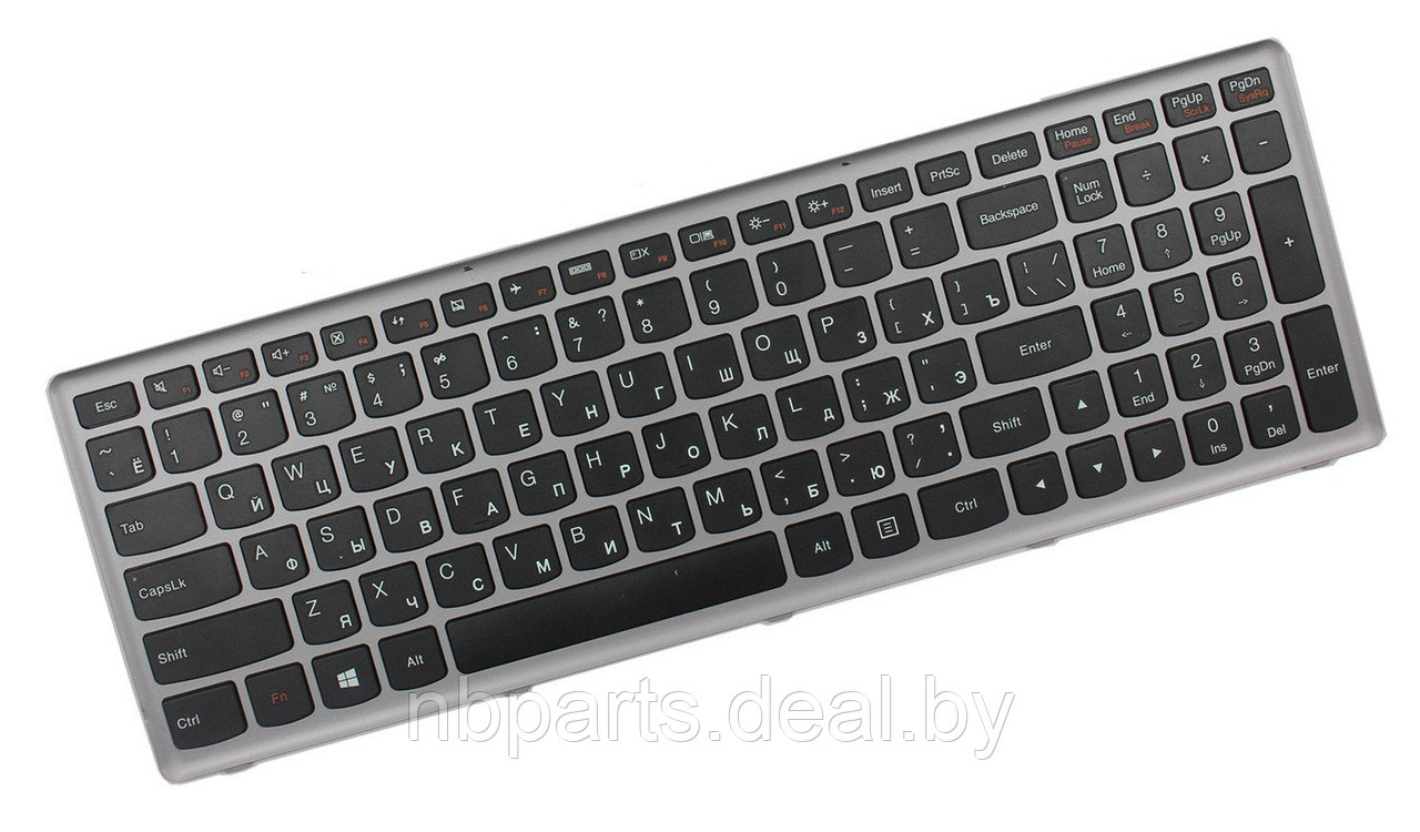 Клавиатура для ноутбука Lenovo Z500, чёрная, с серой рамкой, RU - фото 1 - id-p194501040