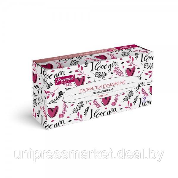 Салфетки бумажные двухслойные белые в коробке (нон -стоп),  PREMIAL 100 штук; В коробке: 21*12*5 см.