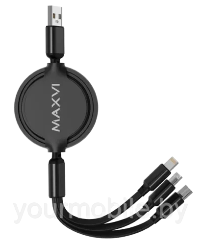 Кабель Maxvi MC-17MTL рулетка, 3в1 (microsub/type-c/lightning) black