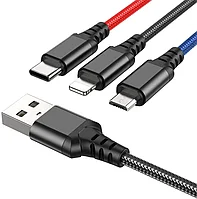 Кабель X76 3-in-1 Super charging cable(iP+Type-C+Micro) черный/красный/синий