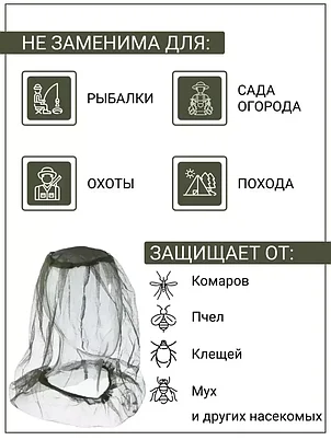 Антимоскитная сетка на голову FORTUNO / Накомарник от комаров на голову (50х50см), фото 2