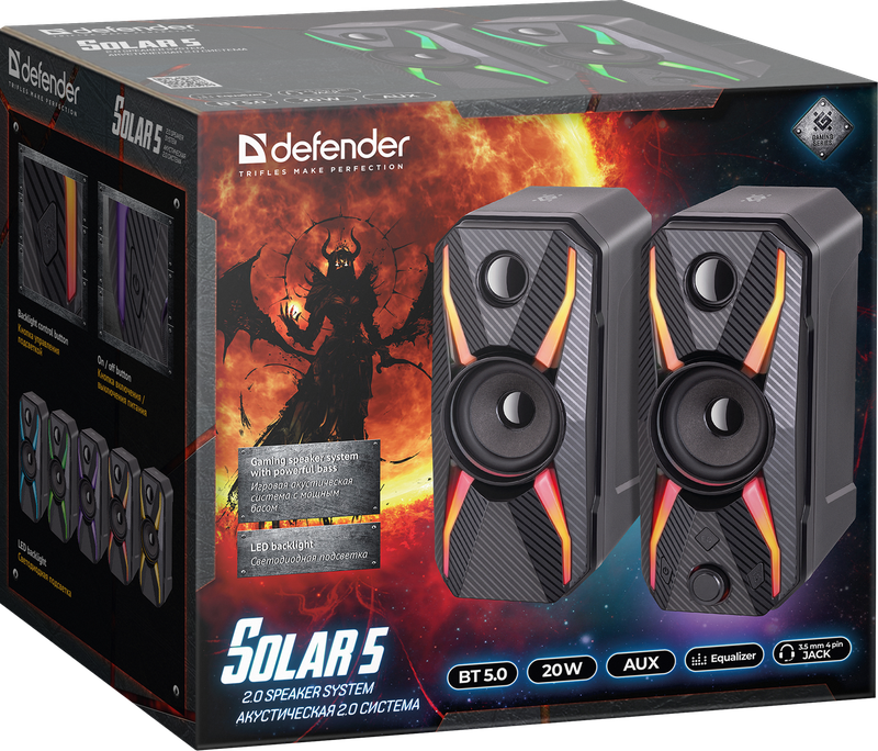 Акустическая 2.0 система - Defender Solar 5, 20W, питание 230В, Bluetooth, EQ, выход на наушники, подсветка - фото 9 - id-p215447885