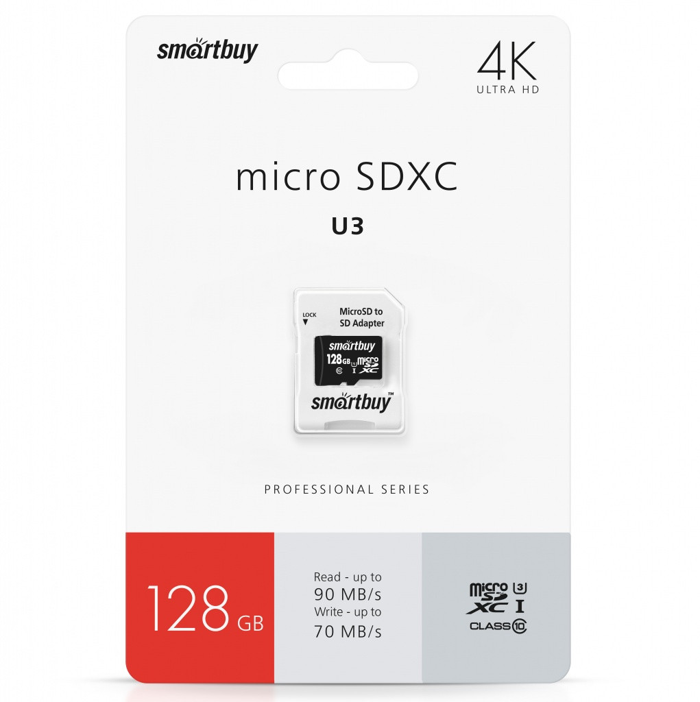 Карта памяти MicroSD 128GB - Smartbuy Class10 Pro UHS-I (U3), 90/70 Mb/s, + SD адаптер - фото 1 - id-p215450092