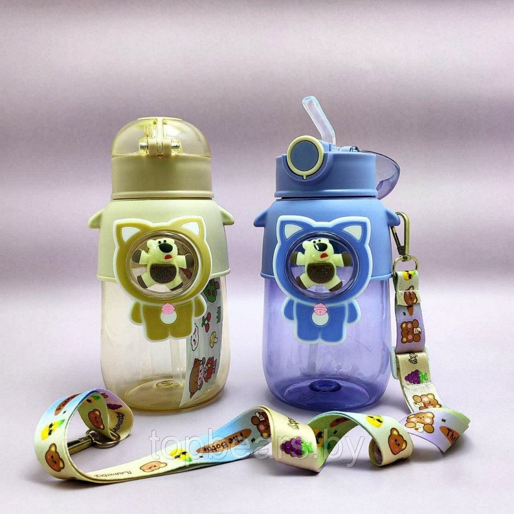 Бутылка Мишка в иллюминаторе с клапаном, трубочкой и ремешком 680 мл. / Наклейки в подарок Фиолетовый - фото 5 - id-p215450452