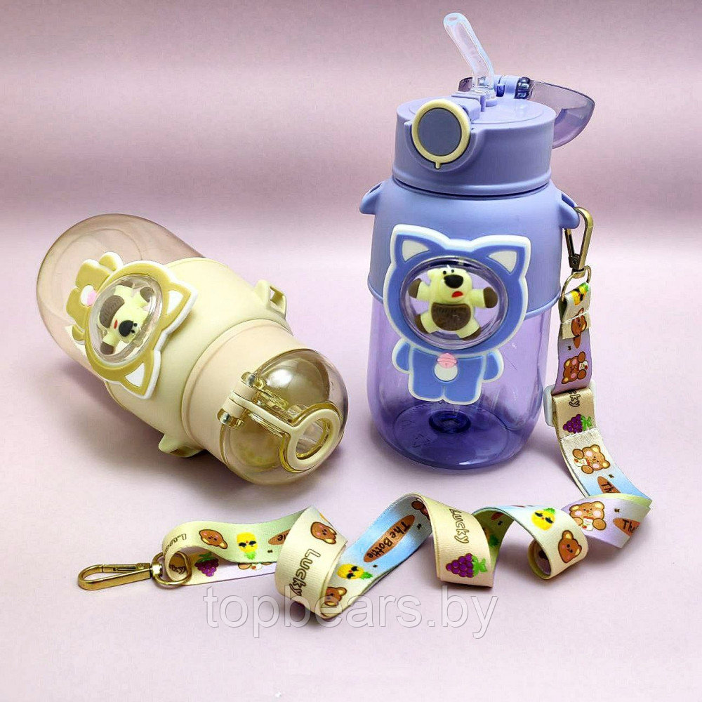 Бутылка Мишка в иллюминаторе с клапаном, трубочкой и ремешком 680 мл. / Наклейки в подарок Фиолетовый - фото 7 - id-p215450452