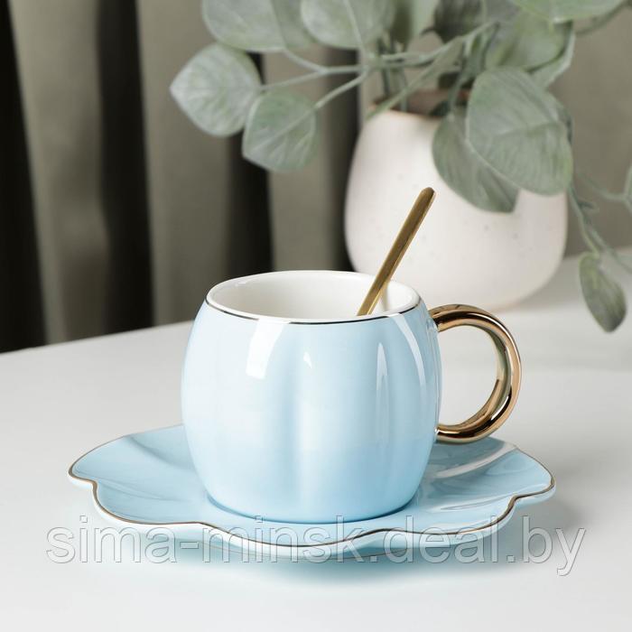 Чайная пара керамическая «Цветок», 3 предмета: чашка 240 мл, блюдце d=16 см, ложка, цвет голубой - фото 1 - id-p215500914