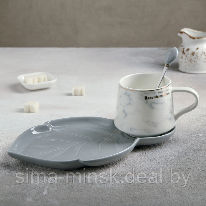 Чайная пара керамическая «Листочек», 3 предмета: чашка 320 мл, блюдце 25,5×16 см, ложка, цвет серый - фото 1 - id-p215500918