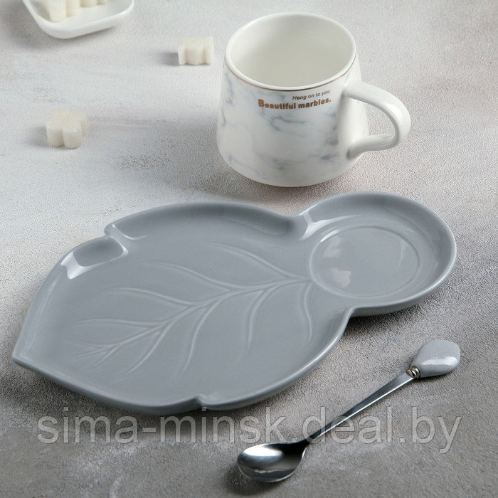 Чайная пара керамическая «Листочек», 3 предмета: чашка 320 мл, блюдце 25,5×16 см, ложка, цвет серый - фото 2 - id-p215500918