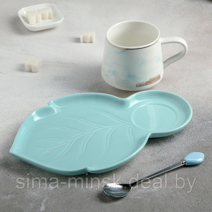 Чайная пара керамическая «Листочек», 3 предмета: чашка 320 мл, блюдце 25,5×16 см, ложка, цвет голубой - фото 2 - id-p215500920