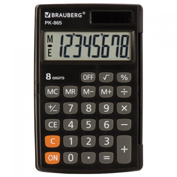 Калькулятор карманный BRAUBERG PK-865-BK (120x75 мм), 8 разрядов, двойное питание, ЧЕРНЫЙ, 250524 - фото 1 - id-p215517095