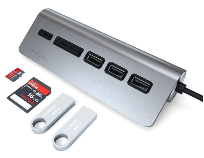 Док-станция Satechi Type-C Aluminum USB 3.0 Hub and Card Reader ST-TCHCRM (3xUSB 3.0, SD, micro-SD) Серый - фото 1 - id-p215520220