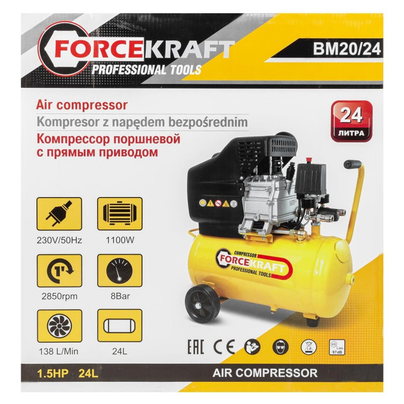 Компрессор поршневой FORCEKRAFT FK-BM20/24 с прямым приводом (ресивер 24л, 8 бар, 138л/м, 1100W, 230V) - фото 4 - id-p215520327